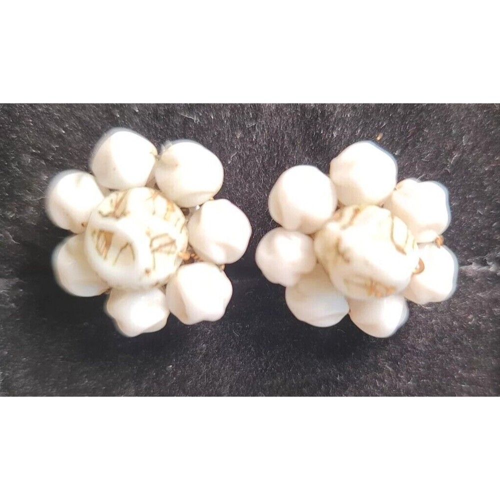 Vintage Made in Western Germany  White Gold Cluster Beaded Clip On Earrings